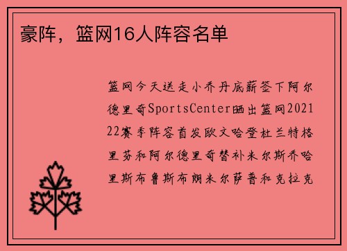 豪阵，篮网16人阵容名单